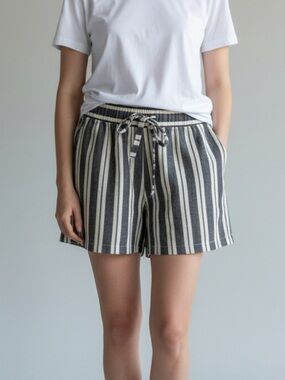 Striped Drawstring Women's Shorts - Black & White
